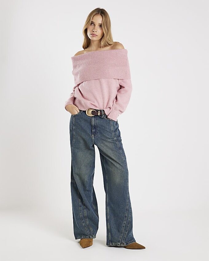 Pink Long Sleeve Bardot Jumper