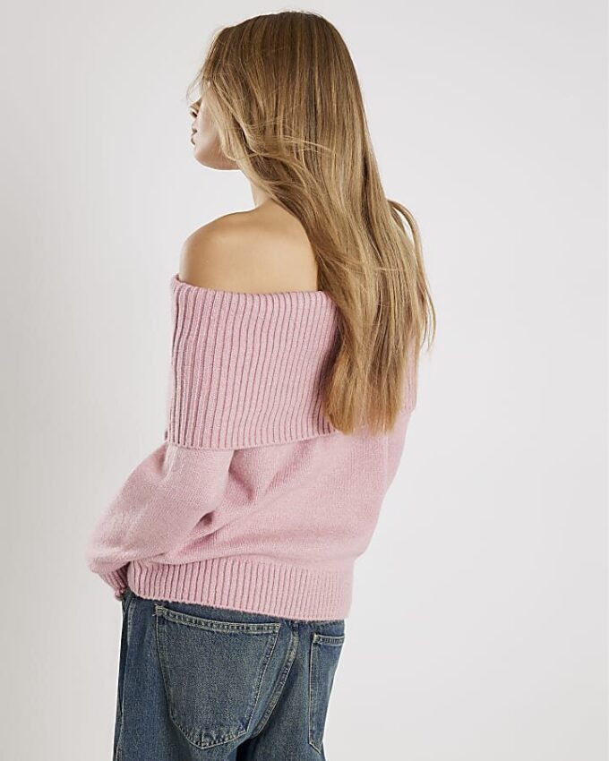 Pink Long Sleeve Bardot Jumper