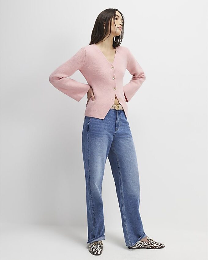 Pink Long Sleeve Button Detail Cardigan