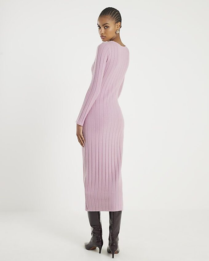 Pink Long Sleeve Cosy Twist Front Midi Dress