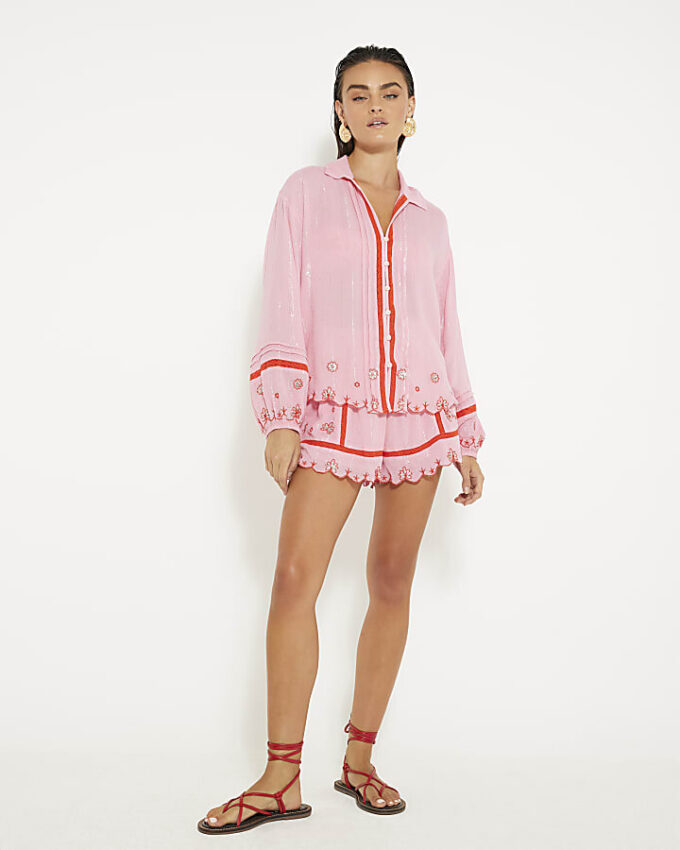 Pink Long Sleeve Embroidered Beach Shirt