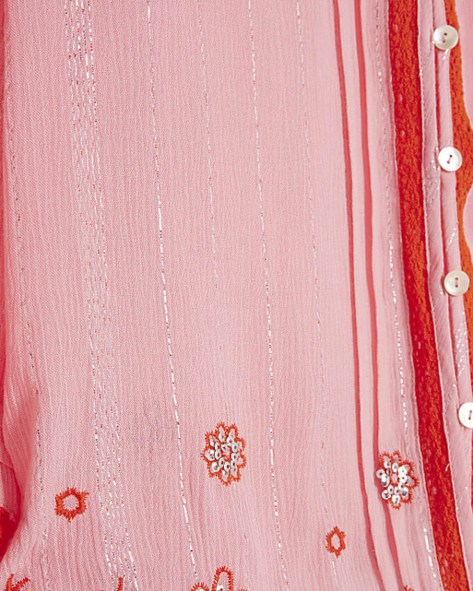 Pink Long Sleeve Embroidered Beach Shirt