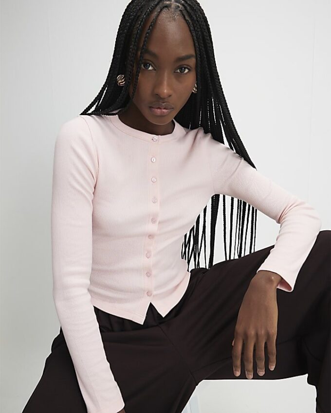 Pink Long Sleeve Ribbed Button Up Top