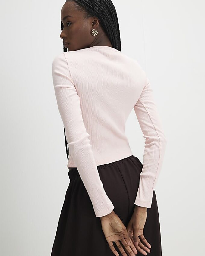 Pink Long Sleeve Ribbed Button Up Top