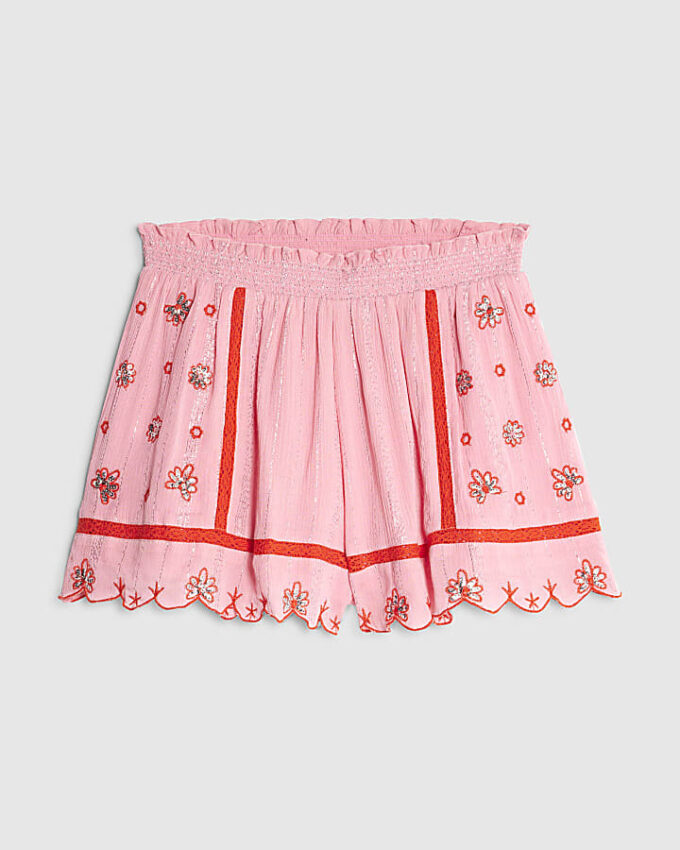 Pink Mixed Embroidered Floral Shorts