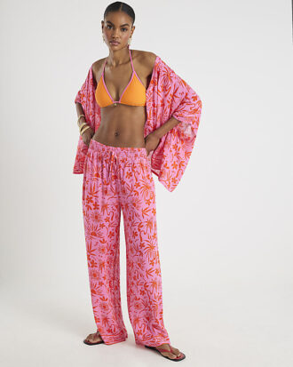 Pink Palm Printed Beach Trousers