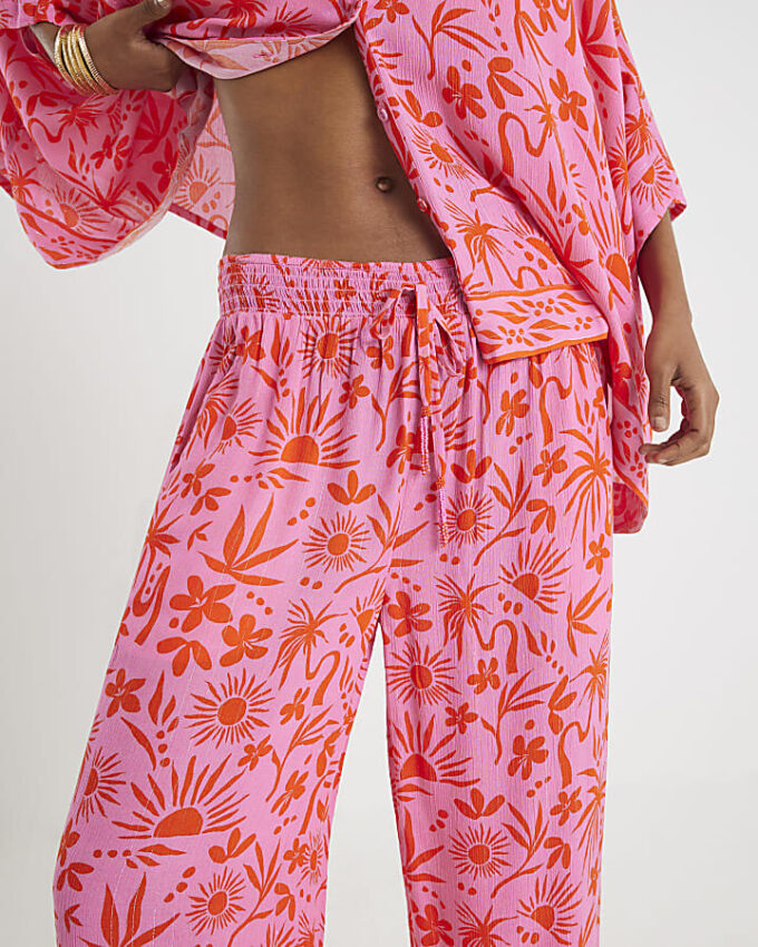 Pink Palm Printed Beach Trousers