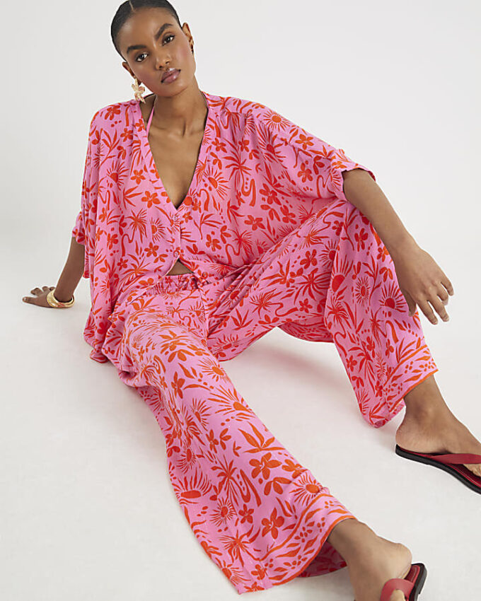 Pink Palm Printed Beach Trousers