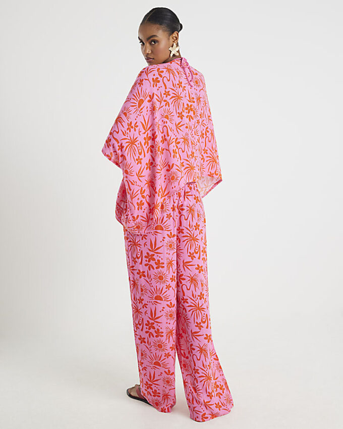 Pink Palm Printed Beach Trousers