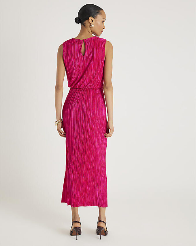 Pink Plisse Knot Side Midi Dress