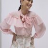 Pink Ruffle Tie Neck Blouse