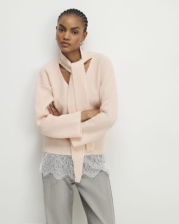 Pink Scarf Neck Lace Hem Jumper