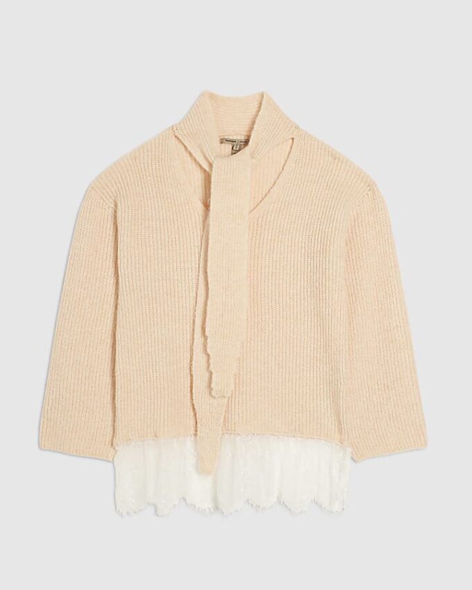 Pink Scarf Neck Lace Hem Jumper