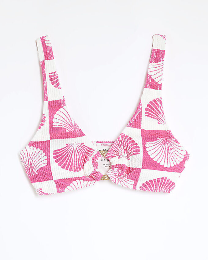Pink Shell Print Textured Cami Bikini Top