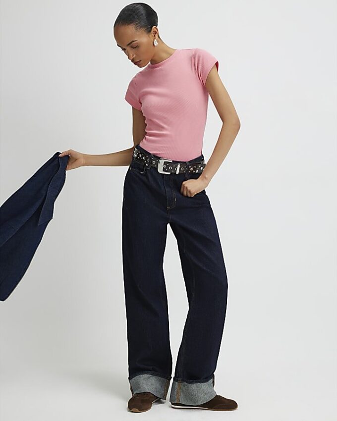 Pink Short Sleeve Fitted Ribbed T-shirt