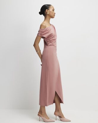 Pink Stretchy Draped Midi Dress