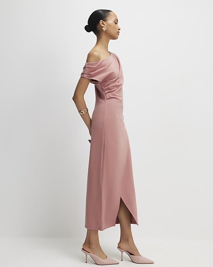 Pink Stretchy Draped Midi Dress Pink Stretchy Draped Midi Dress