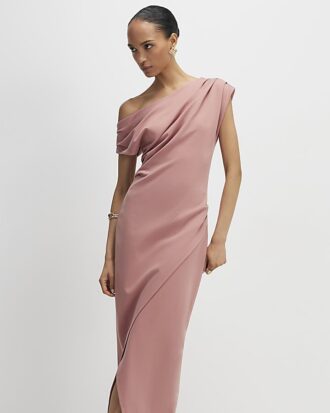 Pink Stretchy Draped Midi Dress