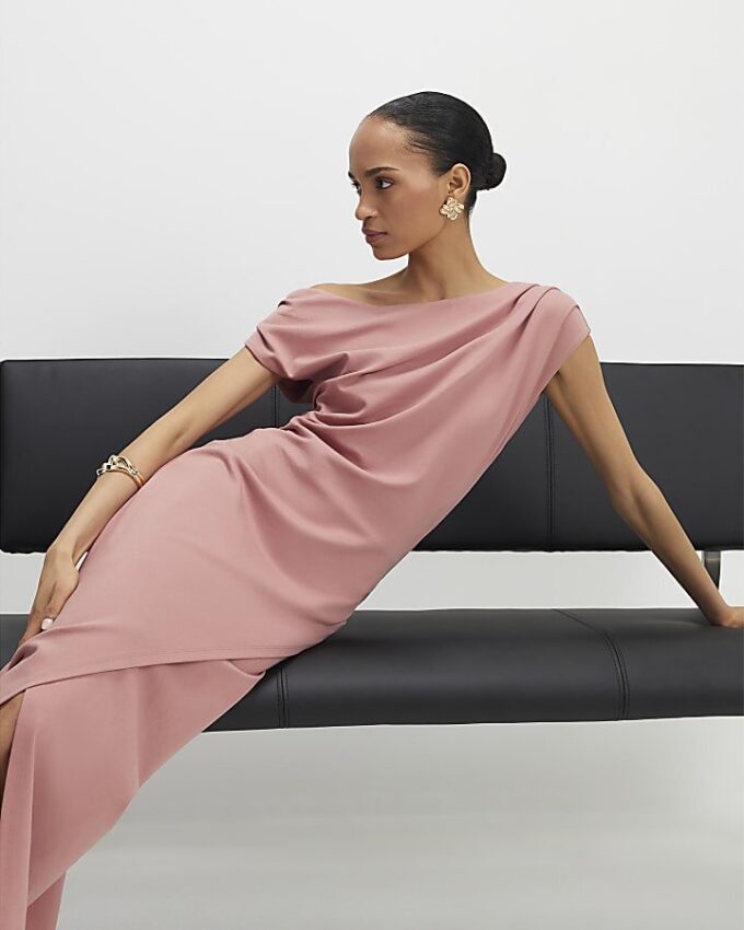 Pink Stretchy Draped Midi Dress Pink Stretchy Draped Midi Dress