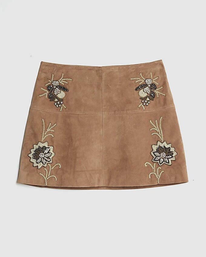 Pink Suede Embellished Mini Skirt