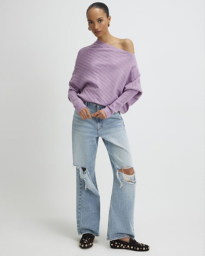 Purple Ribbed Off The Shoulder Jumper