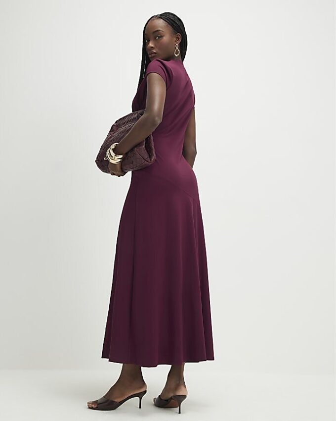 Purple Short Sleeve High Neck Maxi Dress