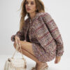 Red Boucle Cropped Bomber Jacket