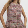 Red Boucle Sleeveless Fringed Waistcoat