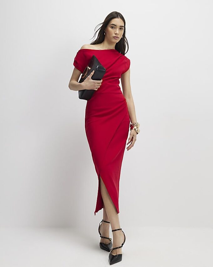 Red Draped Midi Dress Red Draped Midi Dress
