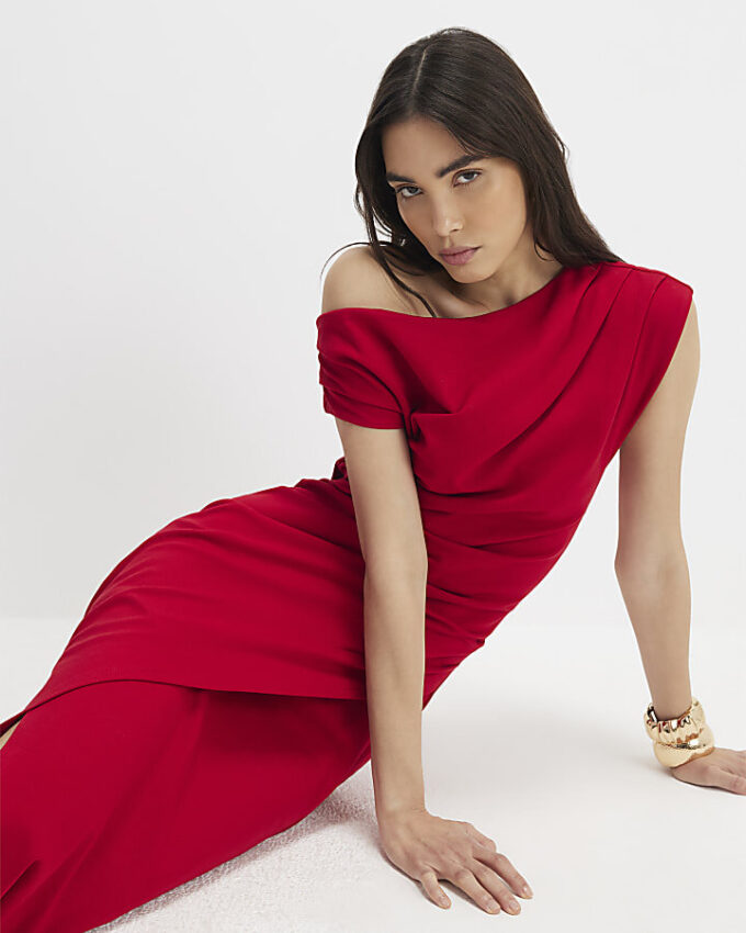 Red Draped Midi Dress Red Draped Midi Dress