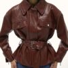Red Faux Leather Belted Jacket