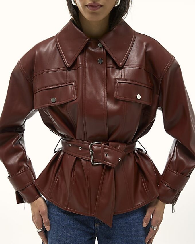 Red Faux Leather Belted Jacket