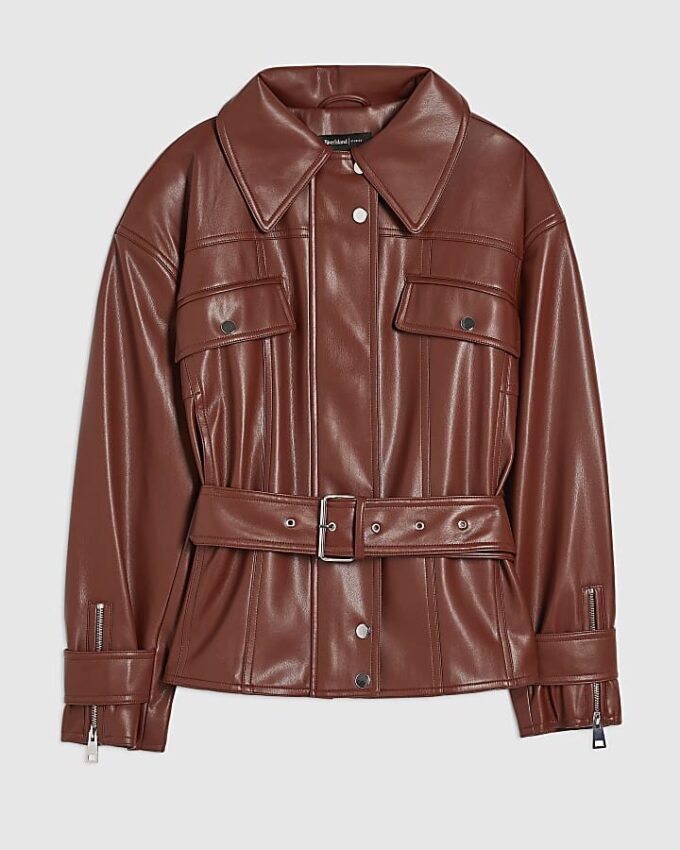 Red Faux Leather Belted Jacket