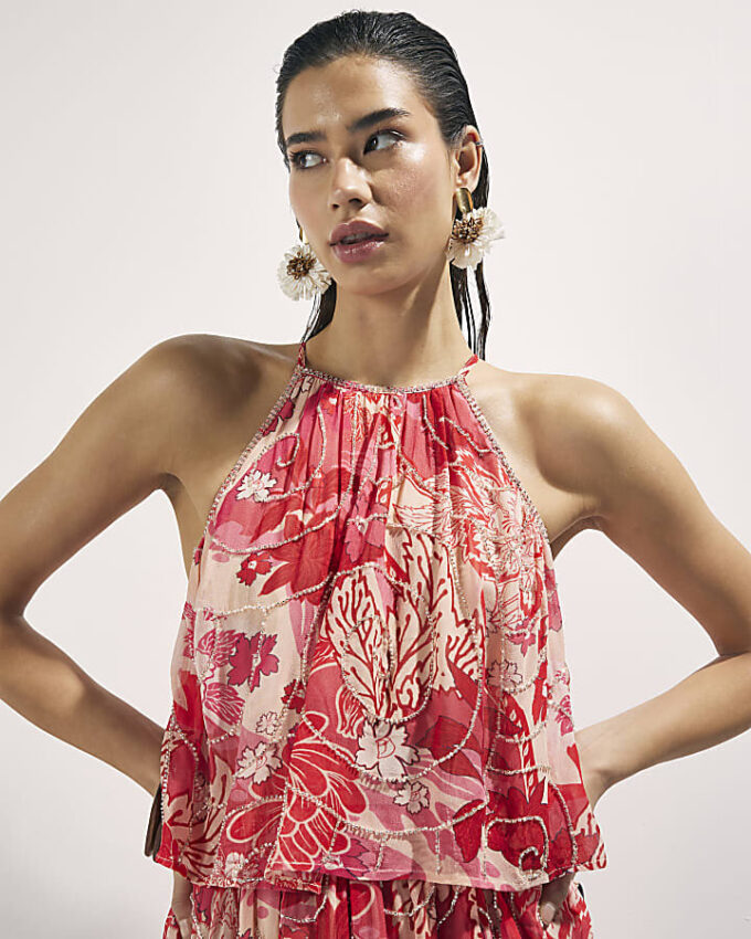 Red Floral Embellished Playsuit