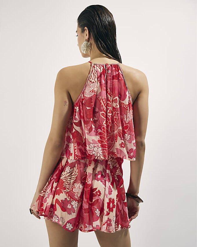 Red Floral Embellished Playsuit