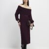 Red Knit Long Sleeve Bardot Midi Dress