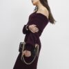 Red Knit Long Sleeve Bardot Midi Dress