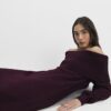 Red Knit Long Sleeve Bardot Midi Dress