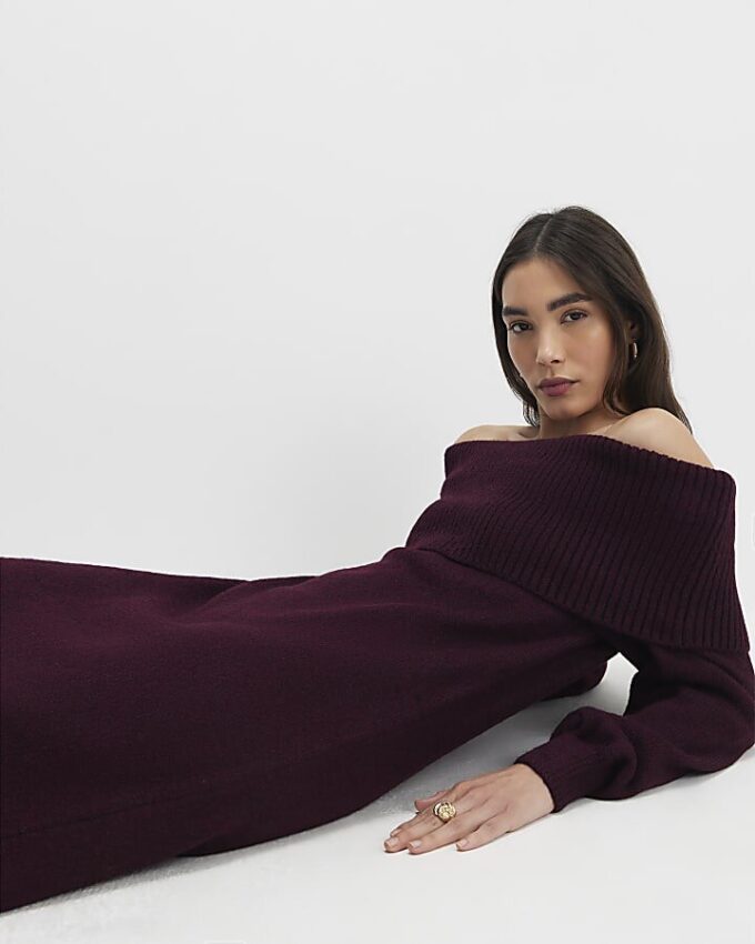 Red Knit Long Sleeve Bardot Midi Dress