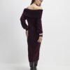 Red Knit Long Sleeve Bardot Midi Dress