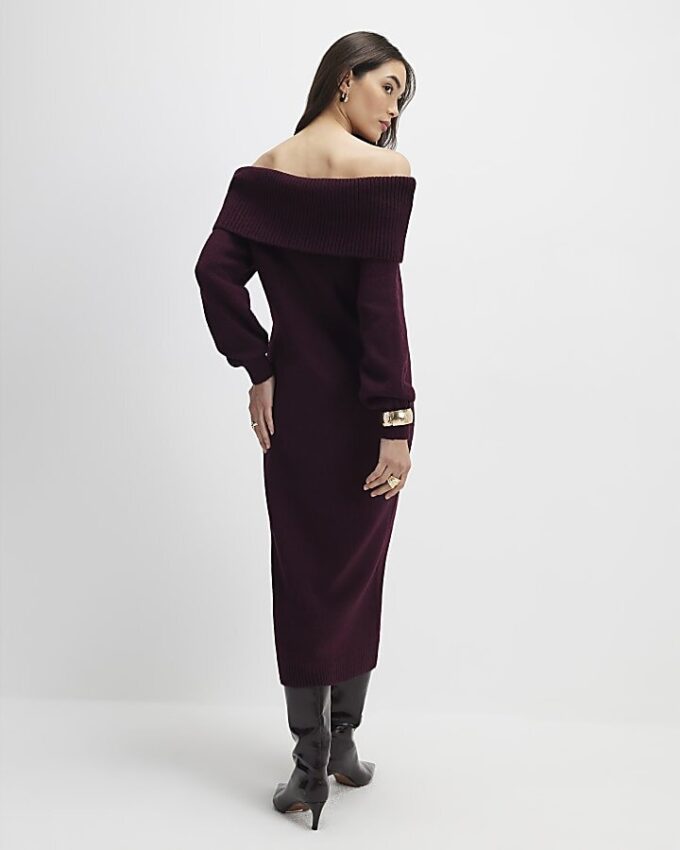 Red Knit Long Sleeve Bardot Midi Dress