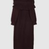 Red Knit Long Sleeve Bardot Midi Dress