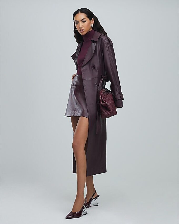 Red leather oversized trench coat