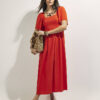 Red Linen Blend Shirred Midi Dress