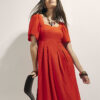 Red Linen Blend Shirred Midi Dress