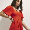 Red Linen Blend Shirred Midi Dress