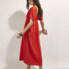 Red Linen Blend Shirred Midi Dress