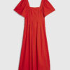 Red Linen Blend Shirred Midi Dress
