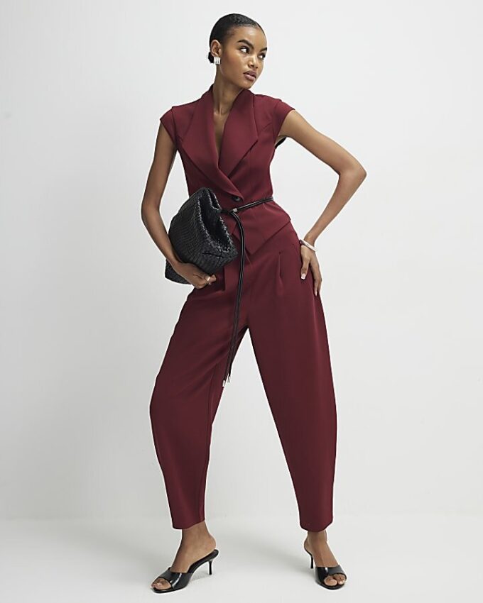 Red Pleated Tapered Trousers