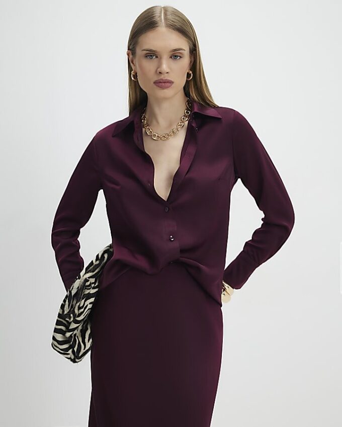 Red Satin Long Sleeve Slim Fit Shirt